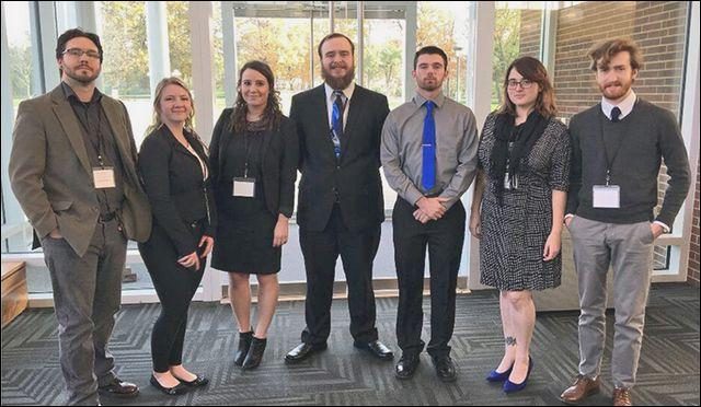 Мembers of SRU's 2017 Central Regional Ethics Bowl competition team. From left are Andrew Winters, Maggie Calvert, Caitlyn Kilmer, Connor Griffith, Anthony Tomasi, Elise Farrell and Tristan Hyde.