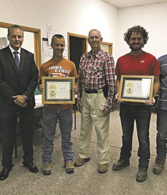 Area PennDOT Interns Honored For Heroism Jim Foringer (from left), Jacob Southwick, James Garfield, Nick Swatzler and Chad Tarr come together to honor the two interns who sprang into action and helped Garfield to safety.